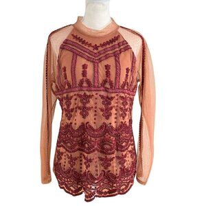 SUNDANCE JOURDAN BURGUNDY PEACH BEADED SEQUIN SHEER TOP - M